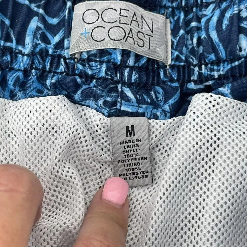 Blue Swim Trunks Mens Size Medium Lined Fish Pattern Beach Wear Ocean Coast Fun